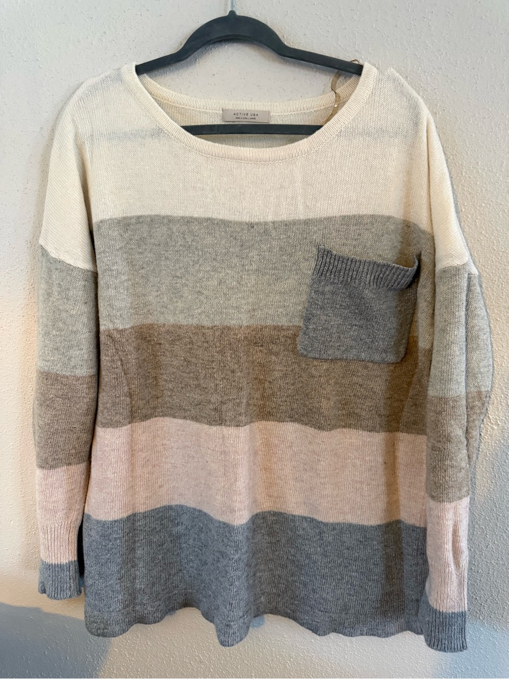 Active USA (l) Soft Striped Crewneck Sweater - Cream, Gray & Pink